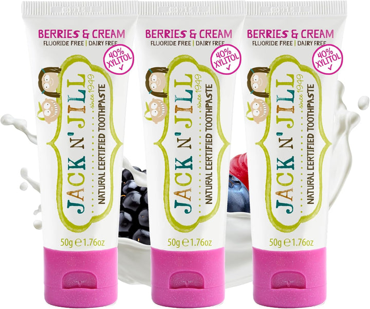 Jack N’ Jill Natural Certified Kids Toothpaste – Fluoride-Free Toddler & Baby Toothpaste with 40% Xylitol, No Sugar, Suitable from 6 Months+, Banana & Strawberry Flavour, Pack of 2 (50G Each)