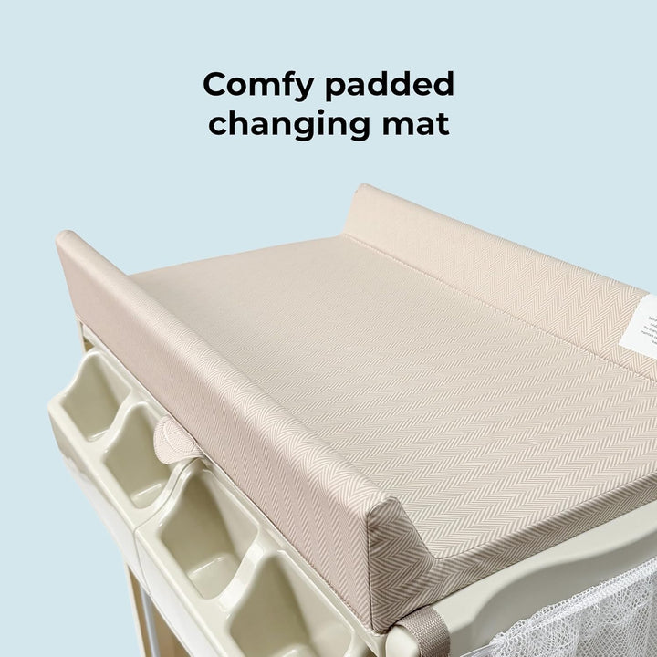 Baby Changing and Bath Unit - from Birth to 11Kg, Nursery Changing Station with Mat for Newborn, Infant Table with Water Basin and Storage - Oatmeal Herringbone