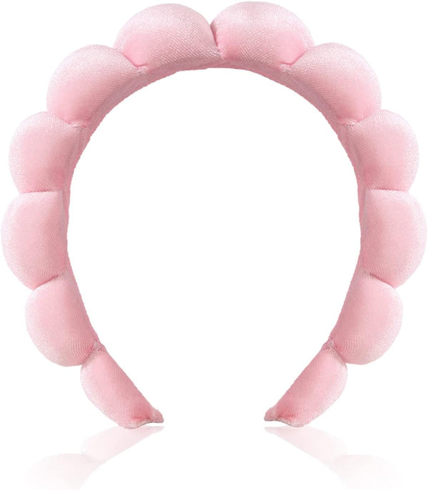 Puffy Makeup Headband Spa Headbands for Women Sponge & Terry Towel Cloth Fabric Cute Skincare Headband for Face Washing, Makeup Removal, Shower, Facial Mask (Pink)