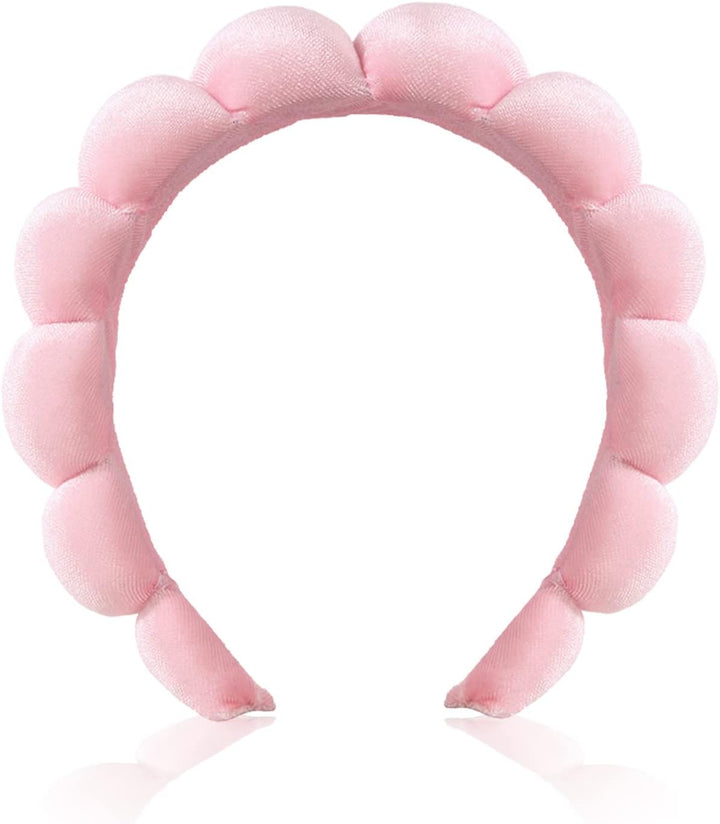 Puffy Makeup Headband Spa Headbands for Women Sponge & Terry Towel Cloth Fabric Cute Skincare Headband for Face Washing, Makeup Removal, Shower, Facial Mask (Pink)