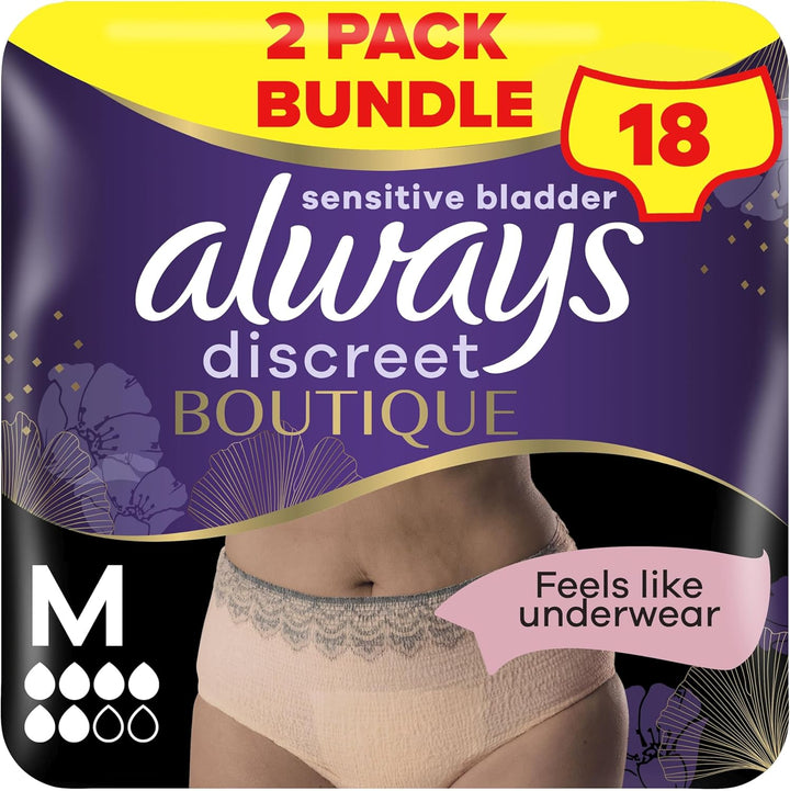 Boutique Incontinence Pants Women, Medium, Plus, 18 High Absorbency Pants (9 X 2 Packs), Odour Neutraliser, Softness and Protection, for Sensitive Bladder