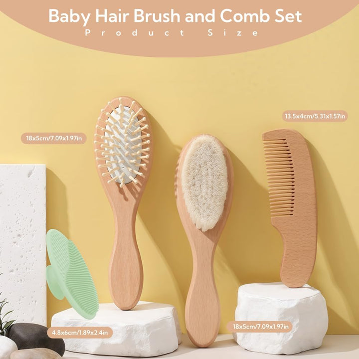 Baby Hair Brush and Comb Set - 4Pcs Toddler Hair Brush with Soft Bristles, Natural Wooden Handle Baby Grooming Kit for Newborns, Baby Essentials, Cradle Cap Brush