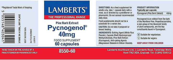 Pycnogenol 40Mg – Premium Maritime Pine Bark Extract – Standardised for Quality – 60 Vegan Capsules