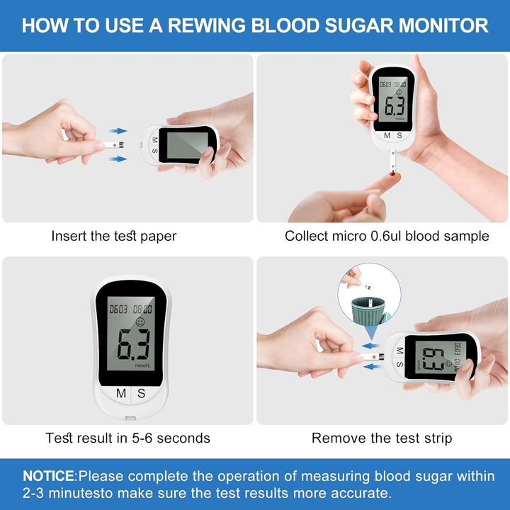 Blood Sugar Monitor Blood Sugar Test Kit with 100 Test Strips & 100 Lancets, No Coding Diabetes Testing Kit 250 Memory 5 Seconds Accurate for Diabetics Home Self-Testing-In Mmol/L
