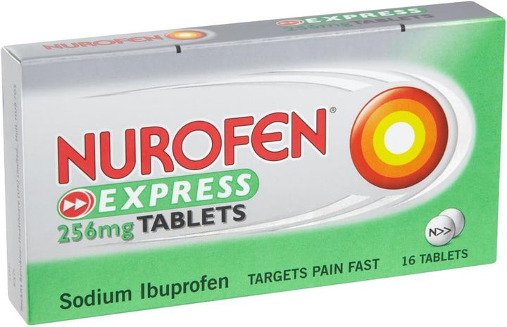 Express Ibuprofen 256Mg, 16 Tablets - Pain, Sinus, Migraine, Headache, Toothache Relief, Long Lasting Cold & Flu Relief