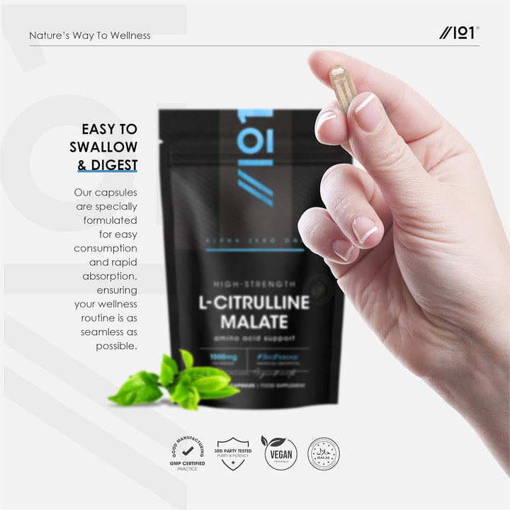 L-Citrulline Malate 1500Mg with Bioperine® - 90 Vegan Capsules - High Strength Fermented Amino Acid Supplement - 45 Day Supply - Resealable and Recyclable Pouch by