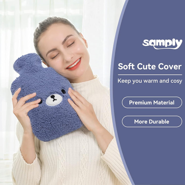 Hot Water Bottle with Cute Fleece Cover, 2L Hot Water Bag for Hot and Cold Compress, Hand Feet Warmer, Neck and Shoulder Pain Relief,Bear Blue