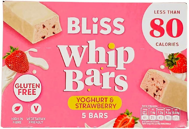 Gluten Free Bliss Whip Bars Strawberry & Yoghurt | under 80 Calories | High Fibre | Vegetarian Cereal Bars | 3 X 5 Packs with  14-Day Healthy Eating Challenge