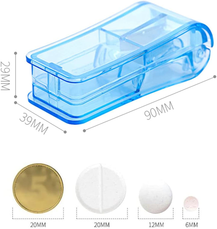 Pill Cutter, Portable Tablet Cutter with Blade and Storage Compartment 2-In-1 Pill Splitter Pill Case Half Quarter for Small or Large Pills Transparent Blue
