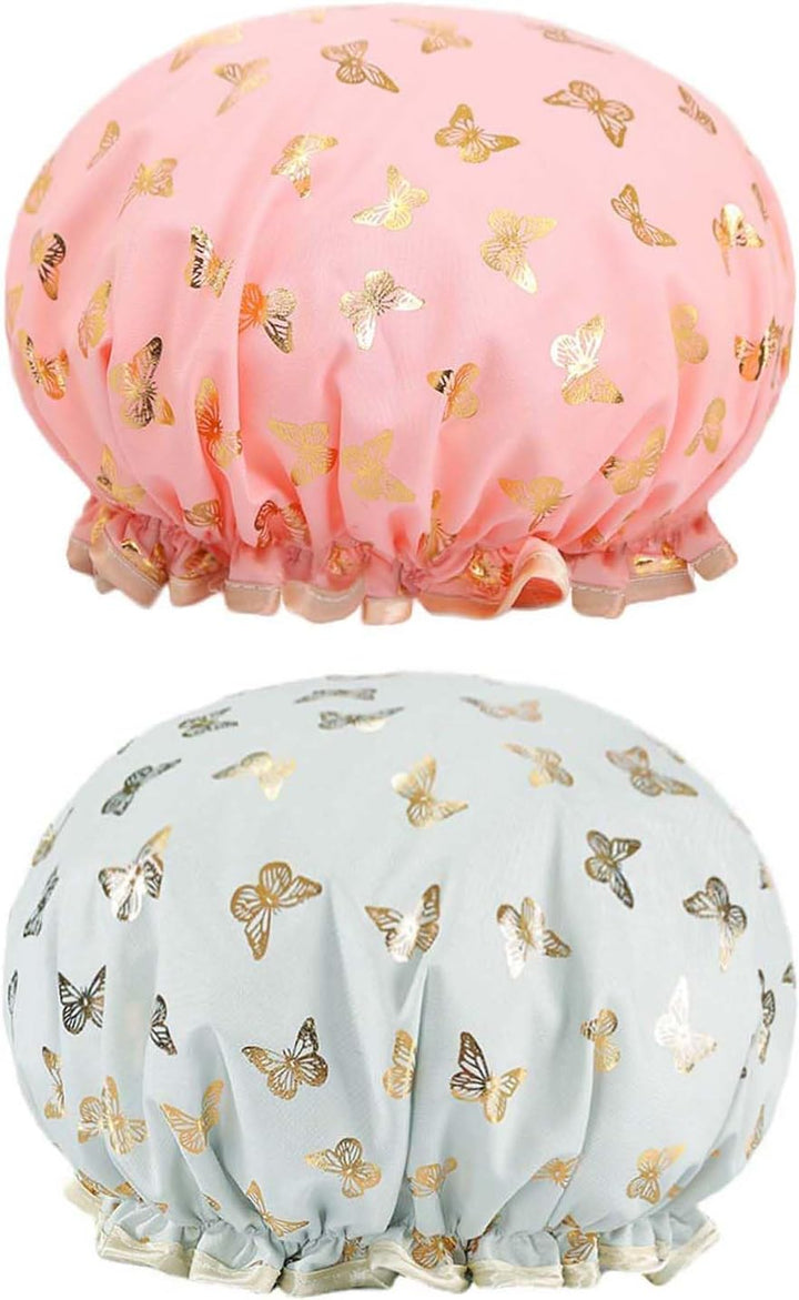 2 Pcs Bath Caps Elastic Band Double Layers Waterproof Shower Caps with Ruffled Edge Covering Ears Keeping Hair Dry Kitchen Oil-Proof Cap for Girls and Women