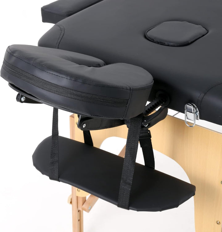 2 Sections Portable Massage Bed Wooden Legs Adjustable Height Folding Tattoo Table (Black)