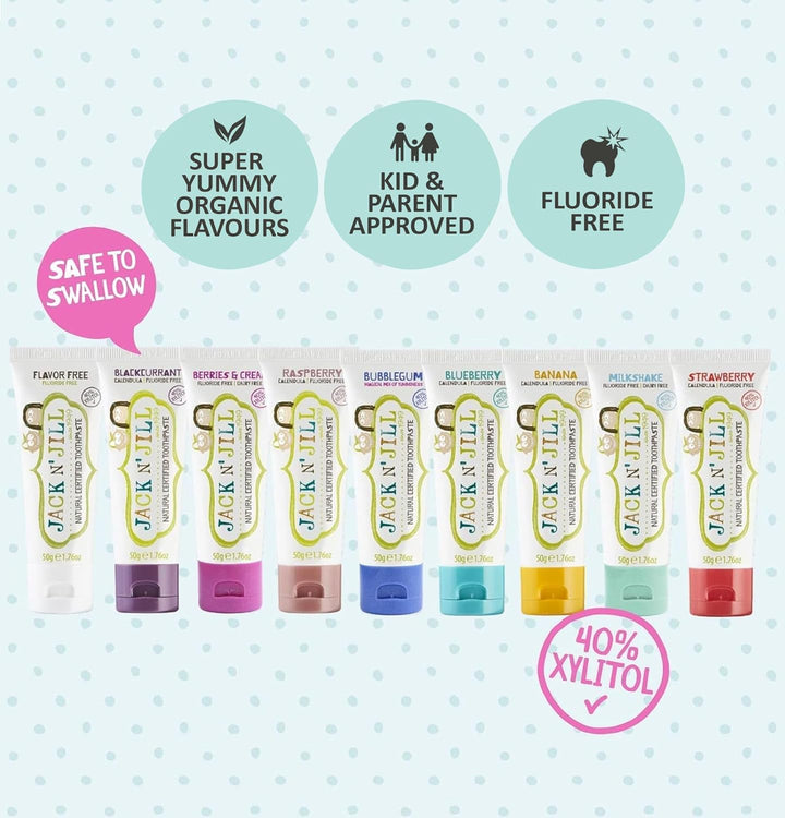 Jack N’ Jill Natural Certified Kids Toothpaste – Fluoride-Free Toddler & Baby Toothpaste with 40% Xylitol, No Sugar, Suitable from 6 Months+, Banana & Strawberry Flavour, Pack of 2 (50G Each)