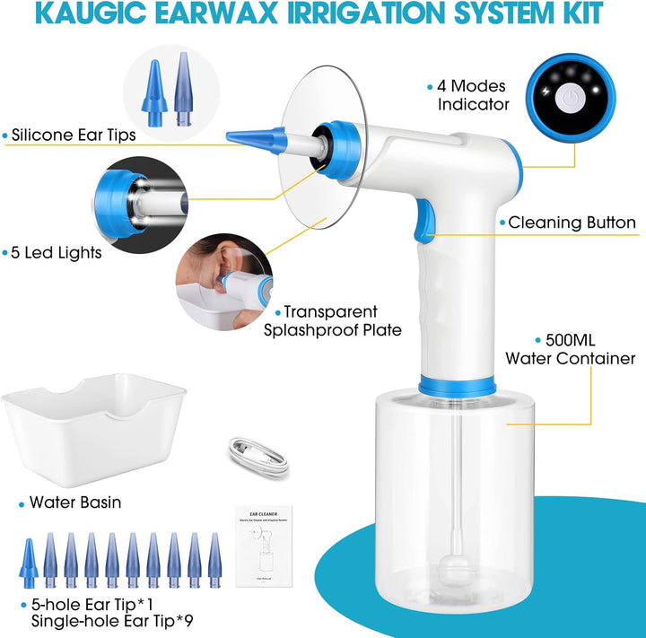 Electric Ear Wax Removal, Water Powered Ear Cleaner, Ear Cleaning Kit, Safe and Effective Earwax Removal Kit with 4 Cleaning Mode Settings, 10 Ear Tips & Water Catch Basin