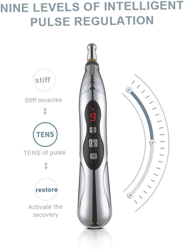 Hand Massager Electronic Acupuncture Pen 9 Gears USB Rechargeable Acupuncture Pen for Pain Relief Vibrating Pen with 5 Massage Heads for Pain Gone Relief