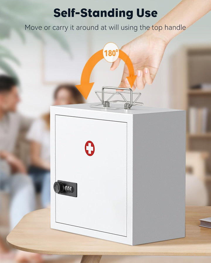 Wall Mount Medicine Cabinet with Combination Lock & Handle Locking First Aid Lockable Medical Safe Storage Box Medium Medicine Organizer Secure Steel Wall Cabinet Metal Storage Box