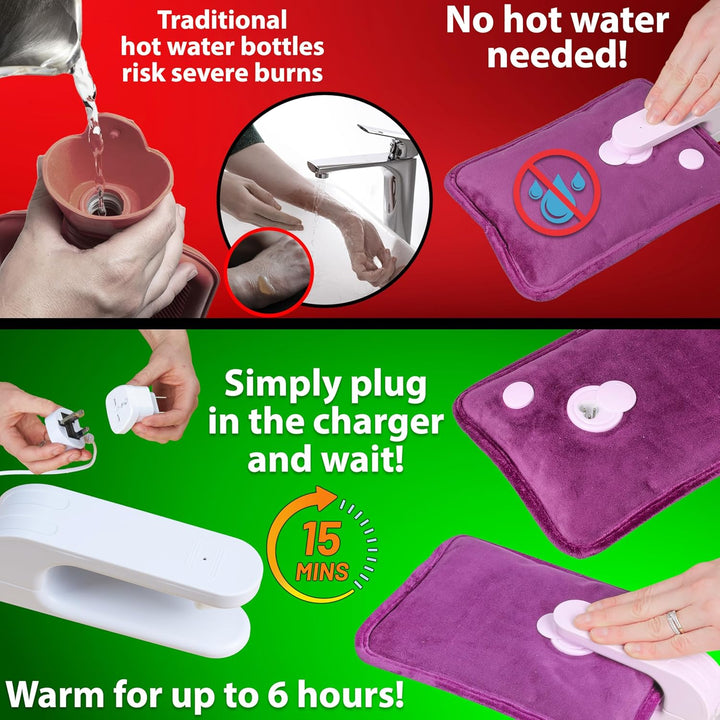 Rechargeable Electric Hot Water Bottle Heat Pad 6 Hour Warmth Temperature Control Detachable Lead Cosy Bed Warmer Hand Warmer Pouch Gifts (Purple)