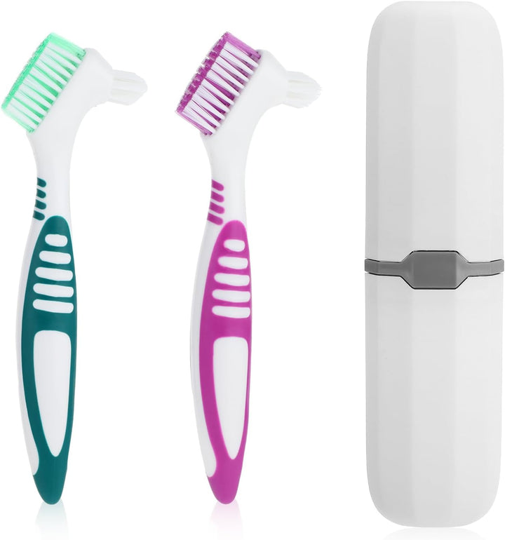2Pcs Denture Cleaning Brush Set, Denture Toothbrushes, Denture Cleaning Care Brush with White Carrying Case, Multi-Layered Bristles & Ergonomic Rubber Handle for Denture Clean Care (Green&Purple)