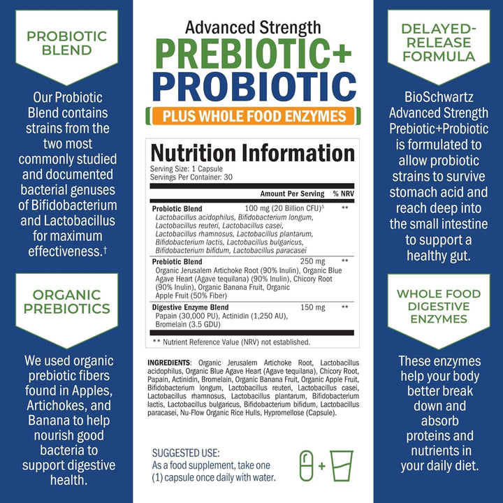 Probiotic and Prebiotic Capsules - Supports Digestive Health & Bloating Relief for Women & Men - Pre and Probiotics for Gut Health Supplements with Whole Food Enzymes - Non-Gmo, Gluten Free - 30 Ct.