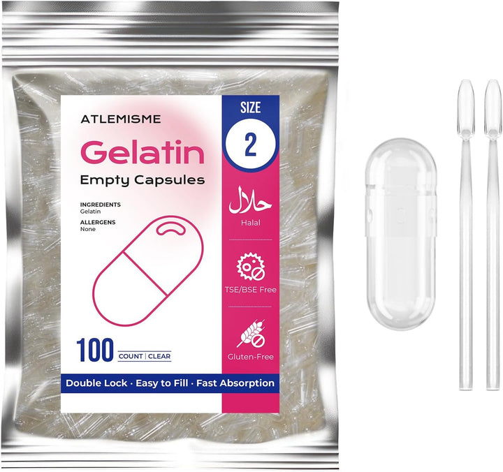 Empty Capsules Size 2 100 Count,Clear Empty Gelatin Capsules Kosher,Halal and Non GMO Certified for DIY Supplements.Hypoallergenic Gel Capsules Empty with 2 Spoons,Adapted to the Capsule Filler