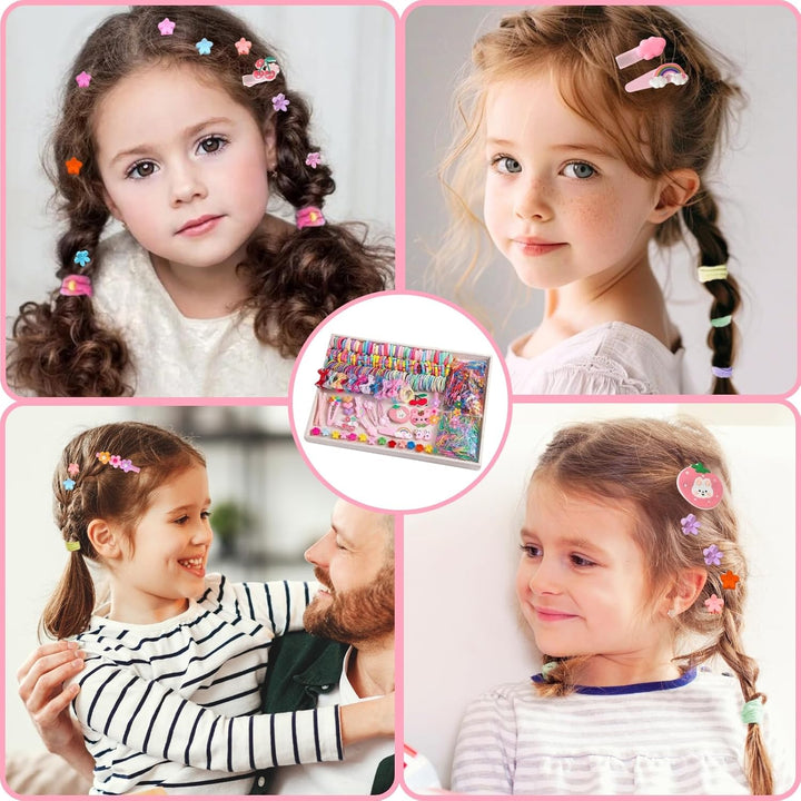 1189 Pcs Hair Bands and Bobbles Set - Colorful Elastic Ties, Cute Clips, No Damage Barrettes Accessories for Girls, Kids and Children with Fine Hair