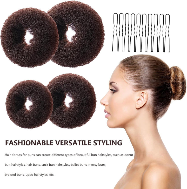 4 Pcs Ring Style Donut Bun Shaper with 20 Hair Pins,Hair Donut Brown Hair Donuts,Hair Donut Bun Maker Set,Hair Bun Donut for Girls Kids Women DIY Chignon Hair Styles Dancer Ballerina(Brown)