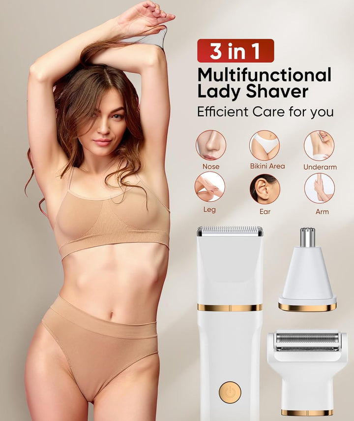 Lady Shavers for Women 3-In-1,Bikini Trimmer Woman IPX7 Waterproof,Nose Trimmer Rechargeable,Pubic Hair Trimmer for Women Wet and Dry,Painless Electric Foil Shaver for Body,Arms Legs Underarms