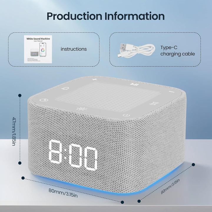 White Noise Machine, Sound Machine for Baby Adults, 32 Natural Sounds & 7 Colour Night Light & 6 Wake-Up Tones, Adjustable Volume, Timer, Sleep Aid for Baby Adults, Ideal for Sleep Relaxation Focus