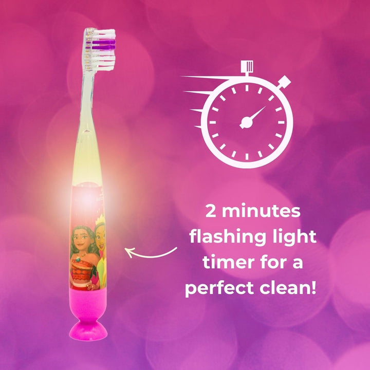 Disney Princess Flashing Toothbrush for Kids with 2 Minute Flashing Light, Comfortable Handle Grip, Soft Rounded Bristles and Suction Cup for Upright Storage for Children Ages 3+