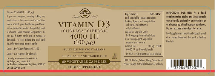 Vitamin D3 4000 IU (100 Μg) Vegetable Capsules - 60 Count (Pack of 1) - Cholecalciferol - Keeps Bones and Teeth Healthy - Supports Muscle Function & Immunity - Vegetarian