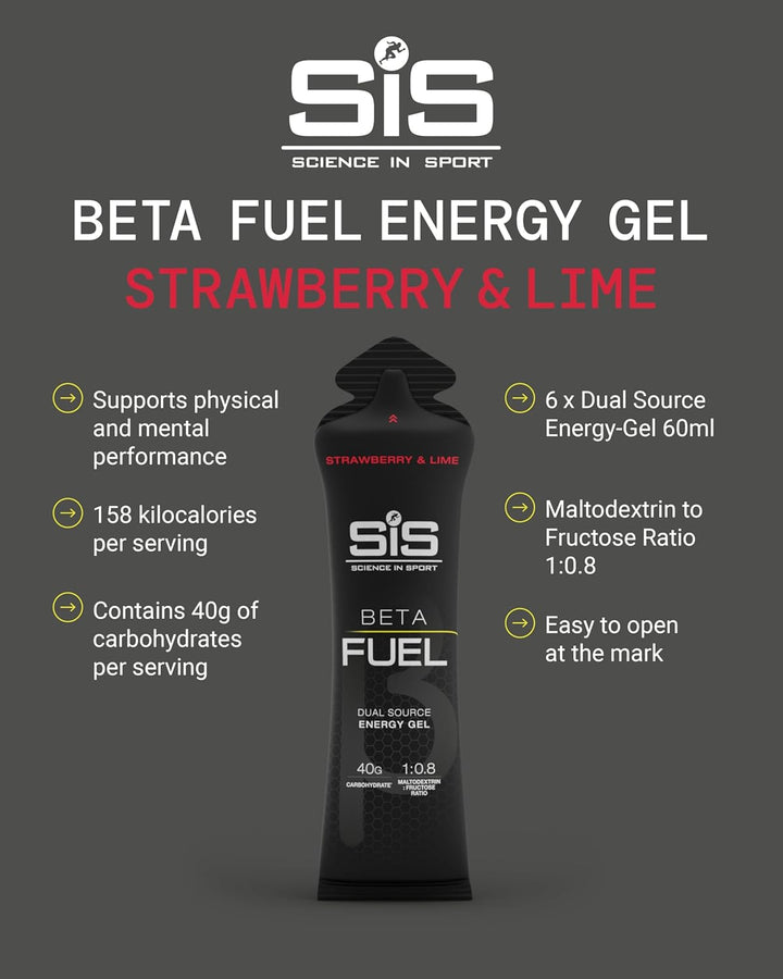 Beta Fuel Gels Dual Source Energy Gel, Strawberry and Lime Flavour, 40 G of Carbs per Pack, 60 Ml Pack (6 Pack)