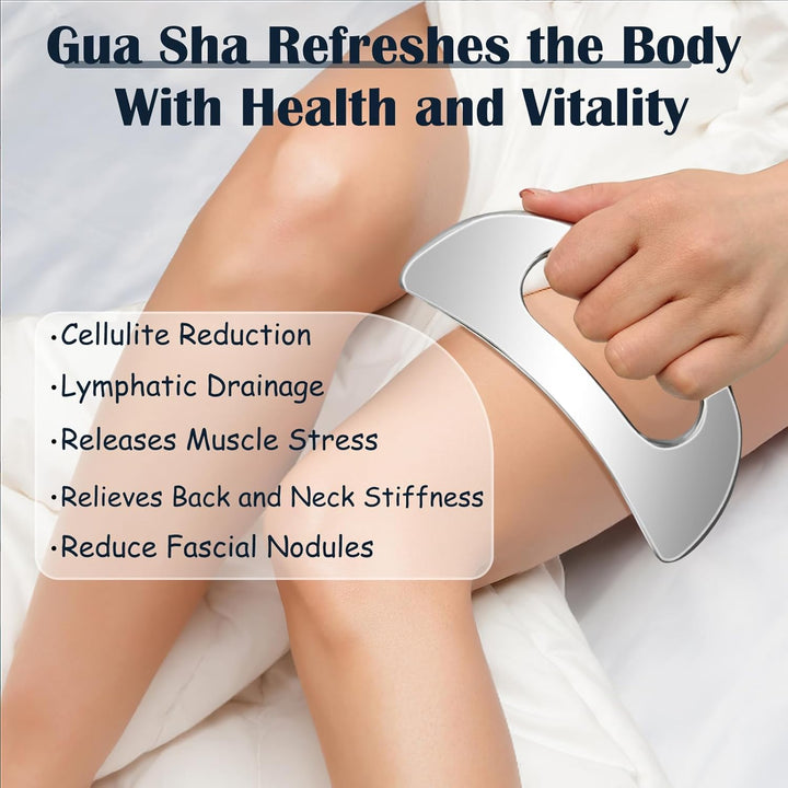 Stainless Steel Body Gua Sha Massager, Large Guasha Scraper with Handle, Lymphatic Drainage Massage for Legs, Back, Face, Neck, Muscle Relaxation & Pain Relief, Removal of Fatigue