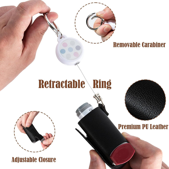 Asthma Inhaler Holder Keychain Retractable Clip PU Leather Portable Travel Handy Holder for Kids and Adults, Inhaler Not Included (Black)