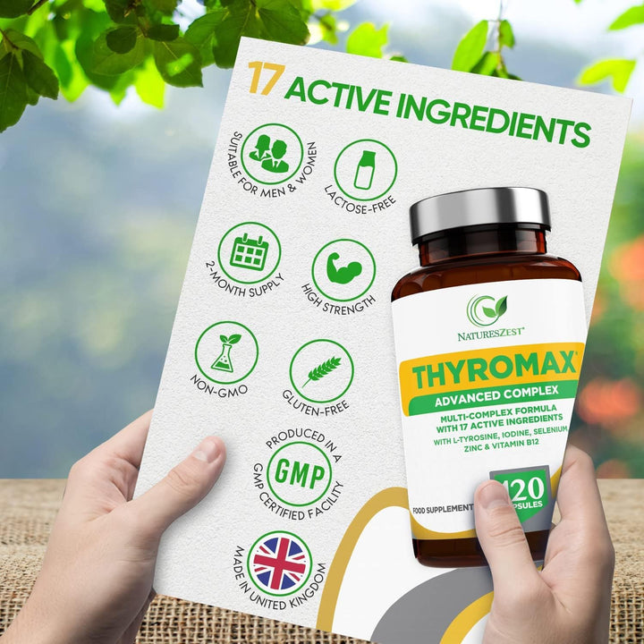 Thyromax - Thyroid Support Supplement - 120 Vegan Capsules - 17 Active Ingredients Including Iodine, L-Tyrosine, Ashwagandha, B12 and Zinc - Energy & Focus Formula -UK Made, 2 Month'S Supply