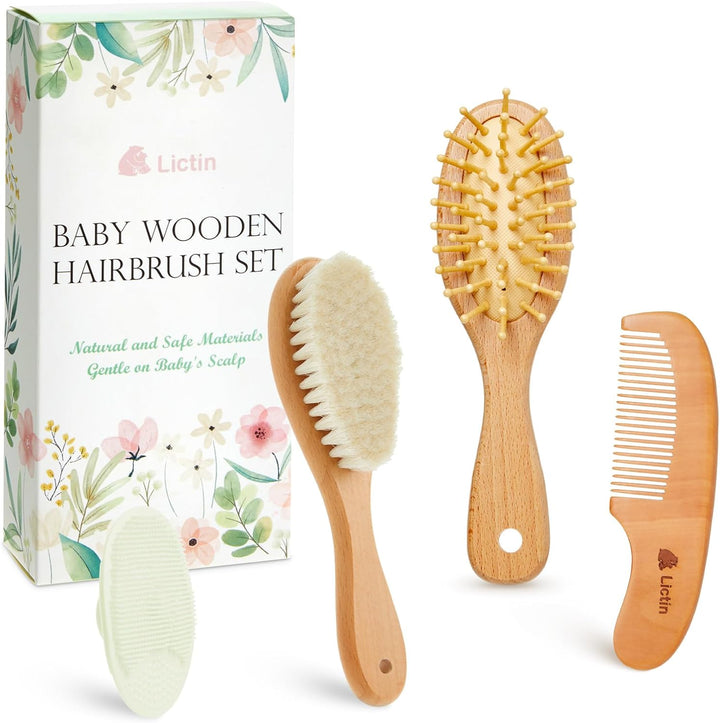 Baby Hair Brush and Comb Set, 4 Pcs Newborn Hair Brush with Soft Bristle, Natural Goat Hair and Wood Baby Cradle Cap Comb for Newborns & Toddlers, Newborn Baby Essentials