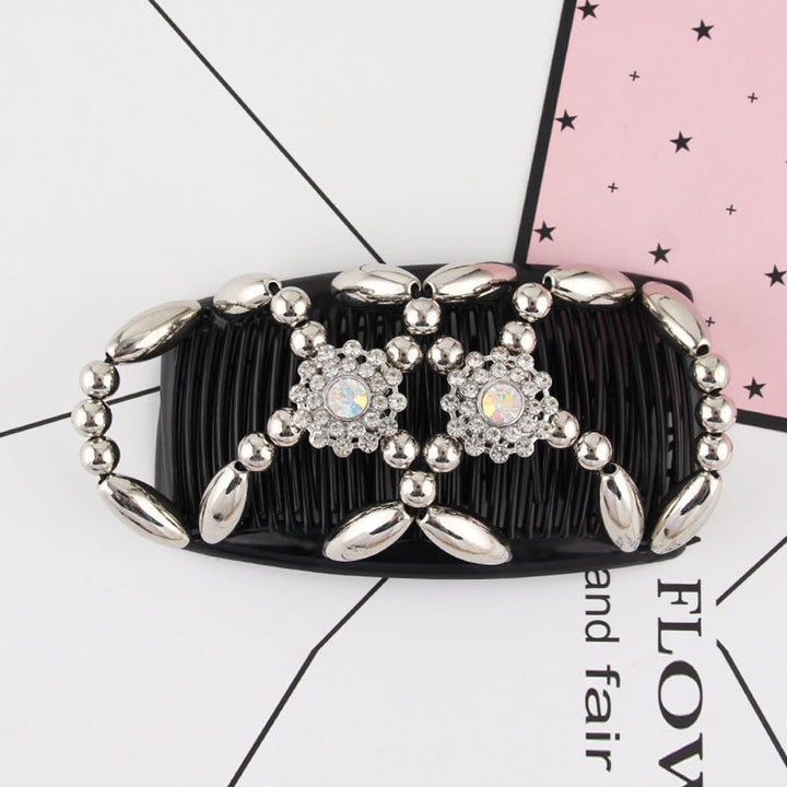 Double Clip Magic Elastic Beaded Hair Combs, 3PCS Double Sided Clips for DIY Hairstyling, Girls & Women Hair Accessories (Flowers)