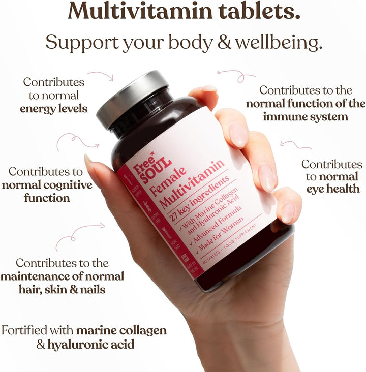 Women'S Multivitamins & Minerals with Marine Collagen & Hyaluronic Acid | 27 Essential Vitamins, Minerals, & Botanicals | Gluten-Free & No Synthetic Fillers or Binders | 60 Tablets |