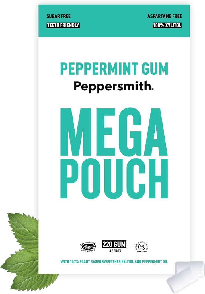 - British Peppermint Chewing Gum - Vegan Friendly - 100% Xylitol Plant Based Sweetener - Fresh Breath - Sugar Free Gum - Benefits Oral Health - Pocket Packs - 12X15G