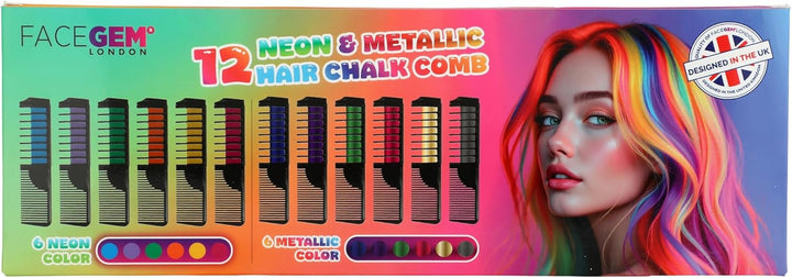 12 Hair Chalks Comb, 12 NEON & METALLIC Hair Chalk, Non-Toxic Easy Washable Hair Dye Colourful, METALLIC & NEON Hair Chalk -Perfect for Festivals, Halloween, Party, Hair Chalks for Girls