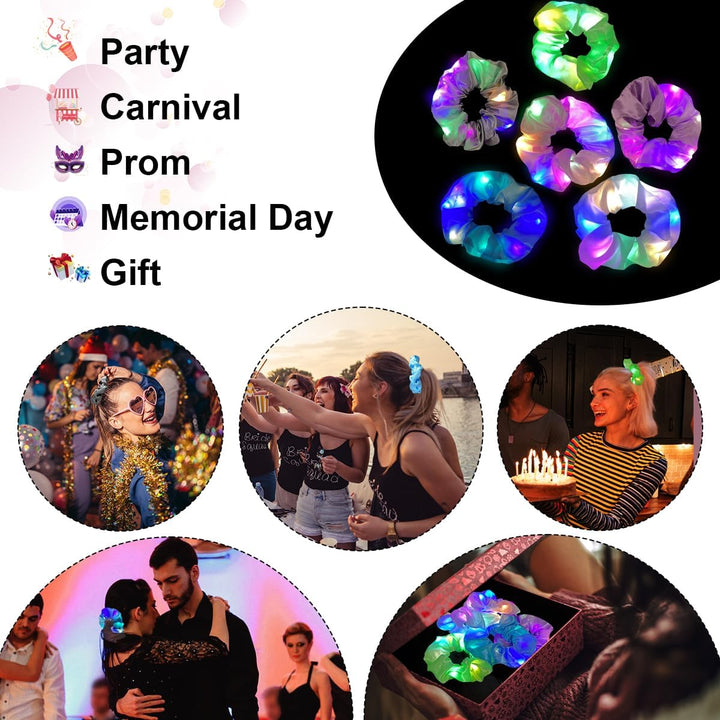 LED Light up Elastic Hair Bands, 6Pcs Luminous Hair Ties, 3 Colors Light Modes LED Scrunchies, Light up Hair Scrunchies for Halloween Rave Glow Party
