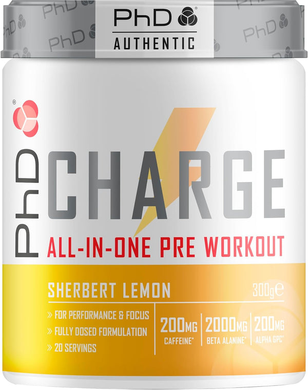 Charge, All in One Pre Workout Powder with Creatine for Women and Men, Rich in Beta Alanine, High Caffeine for Pre-Workout, Sherbert Lemon Flavour, 20 Servings per 300G Bottle