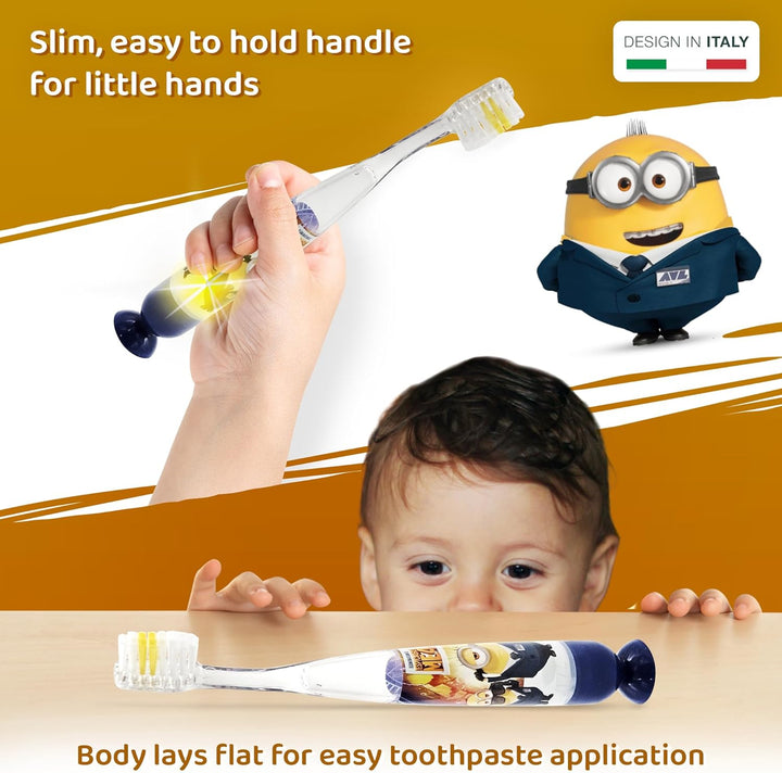 Despicable Me Minions Flashing Toothbrush for Kids with 2 Minute Flashing Light, Comfortable Handle Grip, Soft Rounded Bristles and Suction Cup for Upright Storage for Children Ages 3+
