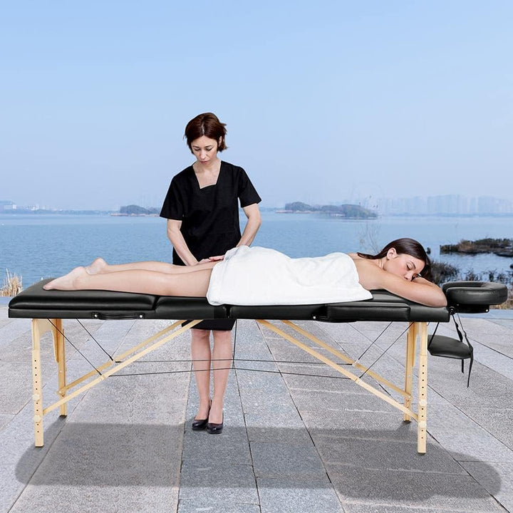 Portable Massage Table Folding Spa Beauty Bed Lightweight Tattoo Therapy Couch Wooden 60 Cm Width 3 Section Black