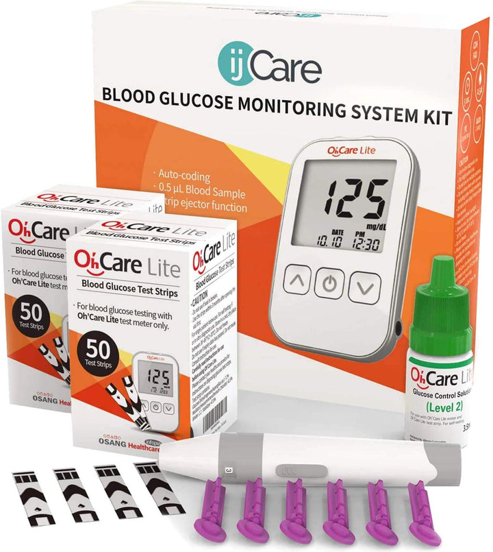 Oh 'Care Lite Diabetes Testing Starter Kit - Oh 'Care Lite Meter, 100 Oh 'Care Lite Blood Glucose Test Strips, 100 Lancets 30G, Lancing Aid, Control Solution, Operating Guide, Logbook & Carry Case