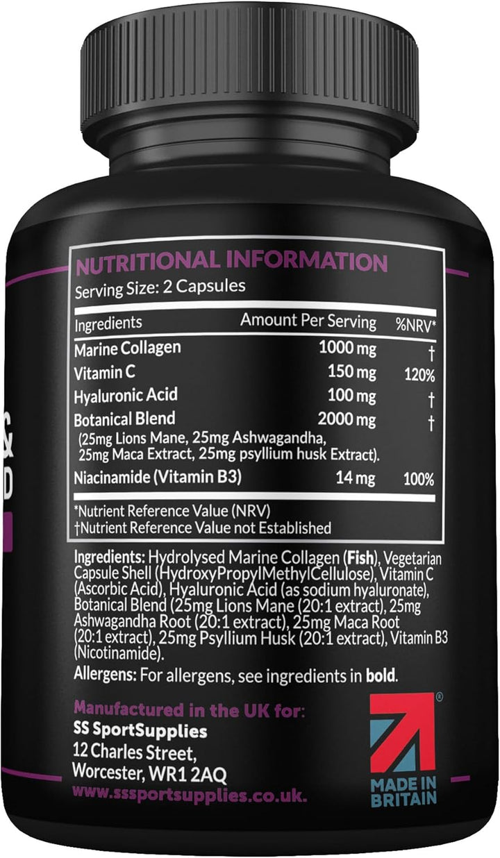 Collagen Supplements for Women-100% Marine Collagen Boosted with Hyaluronic Acid, Vitamin C, Niacinamide & 2,000Mg Botanical Blend Including Lions Mane, Ashwagandha, Maca and Psyllium Husk-60 Capsules