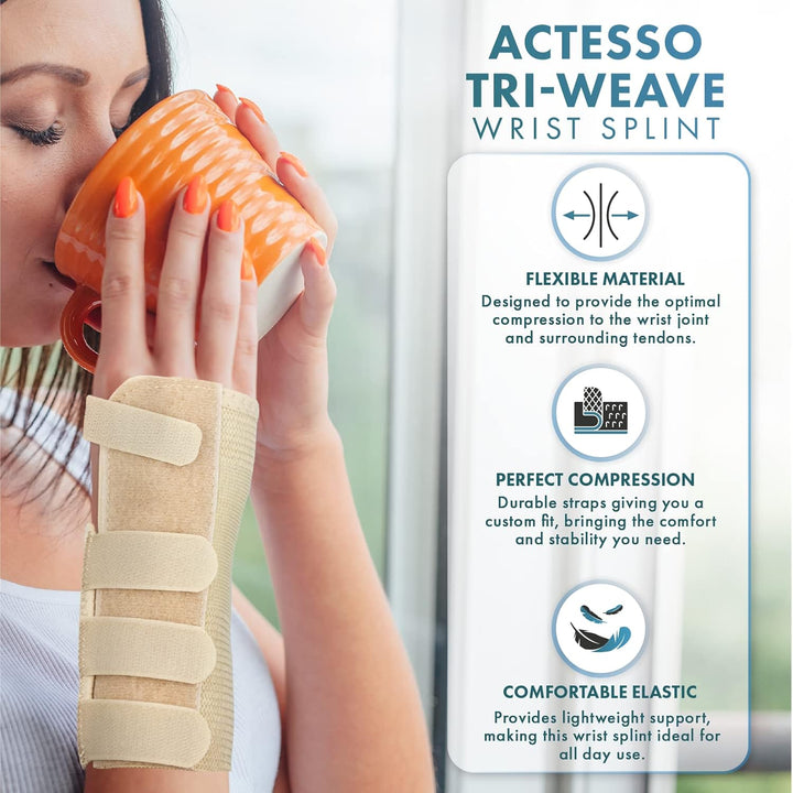 Tri-Weave Wrist Support Splint Brace - Relieves Pain from Carpal Tunnel, Fractures, Sprains and Joint Pain (Beige, Large Right)