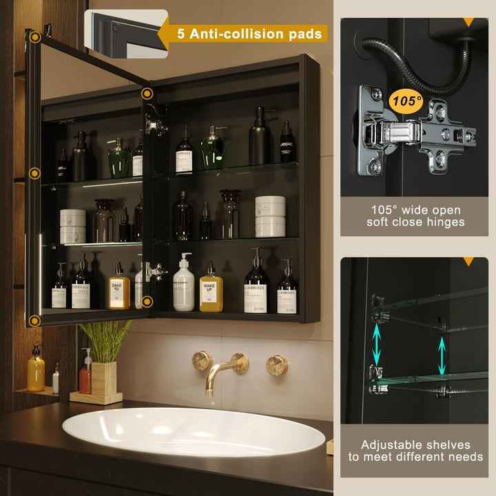 50 X 70 Cm LED Lighted Bathroom Medicine Cabinet with Mirror, Defogger, Dimmer, 3 Color Light Makeup Mirror, Easy to Install, Wall Mounted Medicine Cabinet without Socket & Usbs