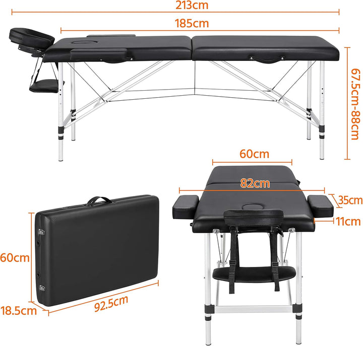 Foldable Massage Bed Portable Lash Table Beauty Bed Professional Salon Spa Table Aluminum 60 Cm Width 2 Section Black