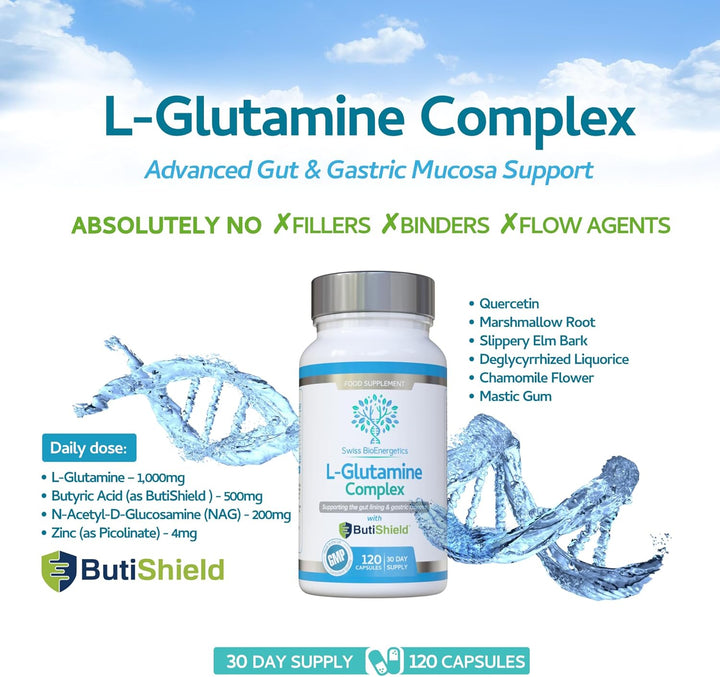 L-Glutamine Complex with Butyric Acid, Glucosamine (N-Acetyl-D), Marshmallow Root, Slippery Elm Bark, Liquorice Root, Chamomile Flower, Mastic Gum, Quercetin & Zinc - UK Made and No Artificial Nasties