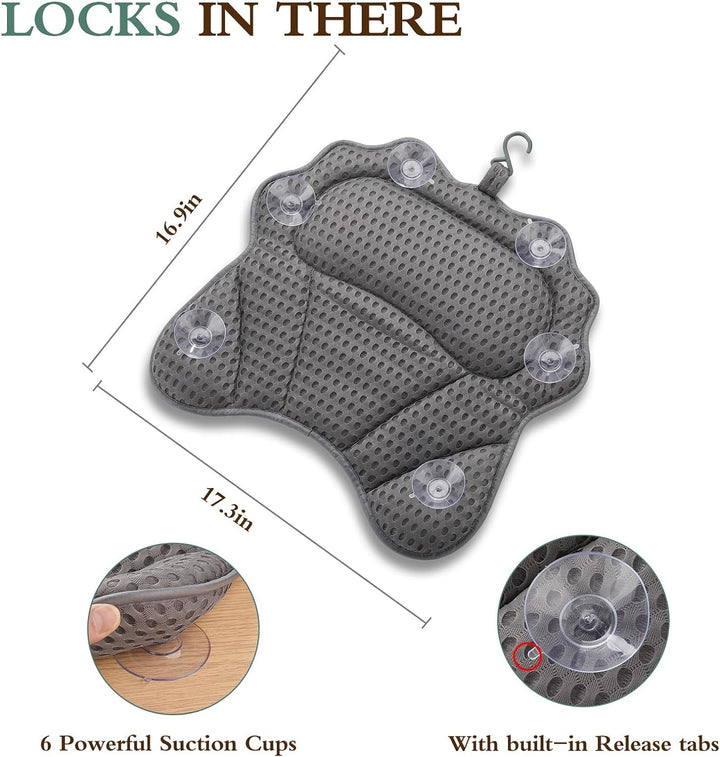 Bath Pillow  Ergonomic Luxury Bathtub Pillow with Head,Neck, Shoulder and Back Support, 4D Bath Pillows for Tub with 6 Powerful Suction Cups, Fits All Bathtub (Grey)