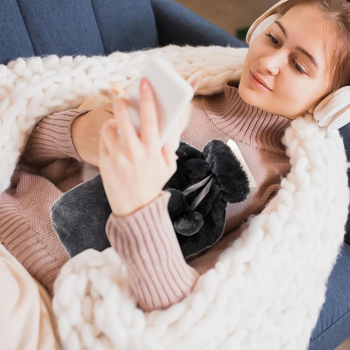 Large 2L Hot Water Bottle with Plush Cover & Bobble - Durable, Washable Heating Pad for Body Pain Relief & Cosy Nights - Perfect for Aches, Pains, and Thoughtful Gifts (Black Plush)
